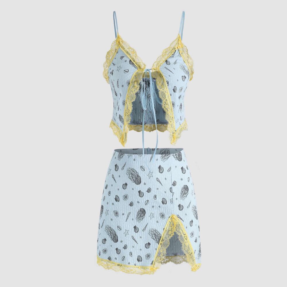 Cider Beachy Sky Blue Crop Tank and Skirt Set with Yellow Lace Y2k Medium